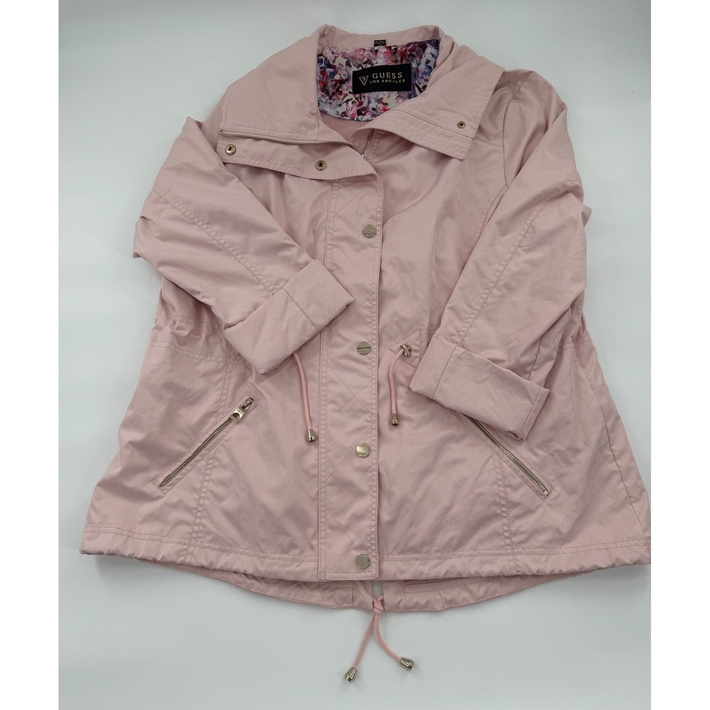 Guess Los Angeles Womens XXL Pink Anorak Jacket Drawstring Waist Floral Trim